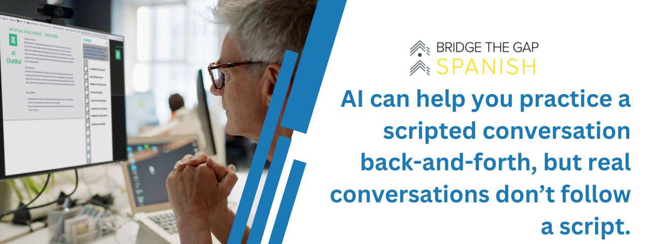 Practicing Spanish with AI Man using an AI chatbot to practice Spanish on a computer.