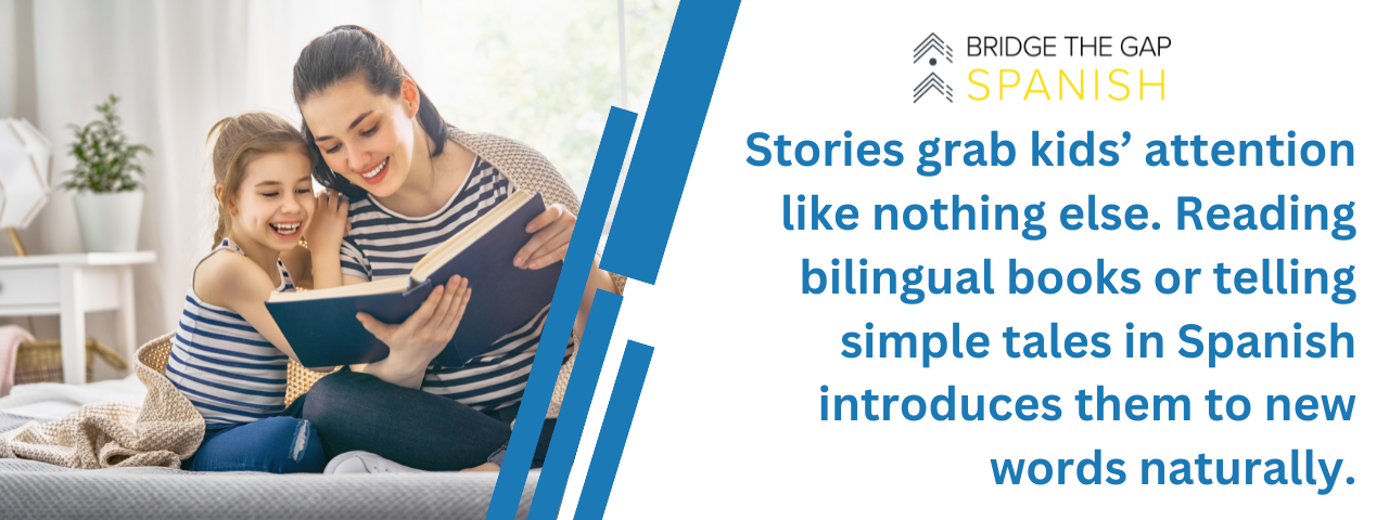 Mom and daughter reading a book together with text about learning Spanish through stories.